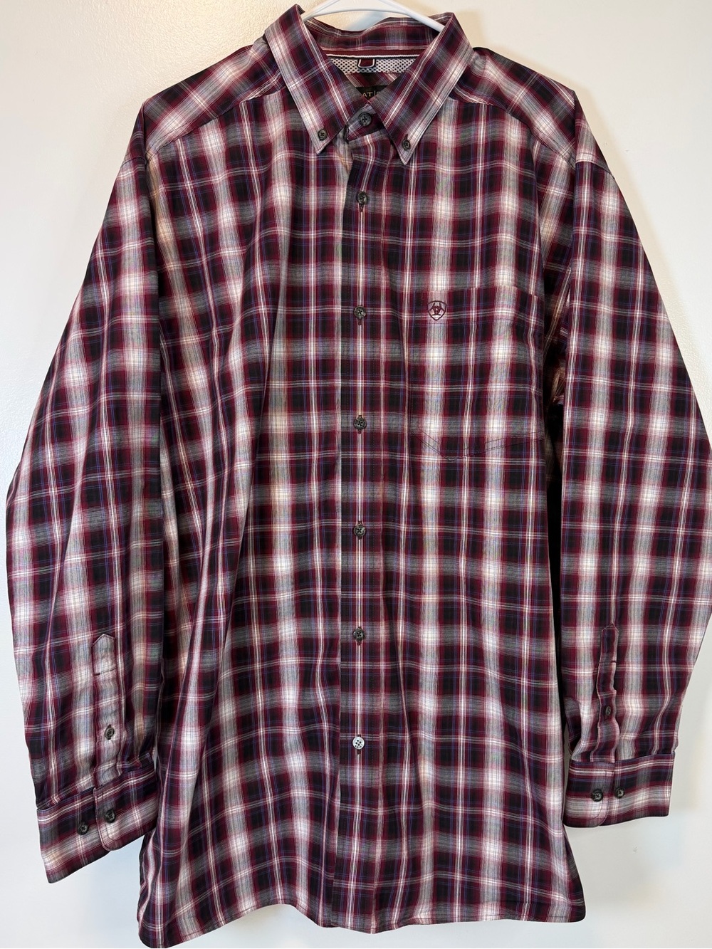 Ariat Pro Ramon Classic Burgundy & White Plaid Button-Down Shirt Men’s XL